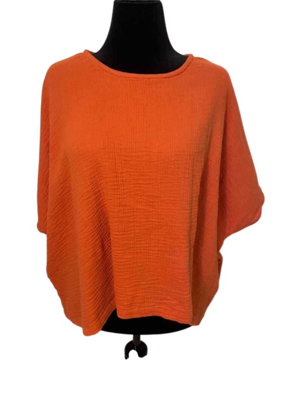 Karyn Seo Orange Cotton Double Gauze Top L Boho Crinkle Boxy Dolman Shirt